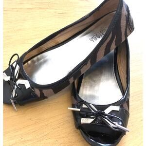 Michael Kors Zebra Print Ballet Flats Open Toe Bow Leather MK Logo Calf Hair 7